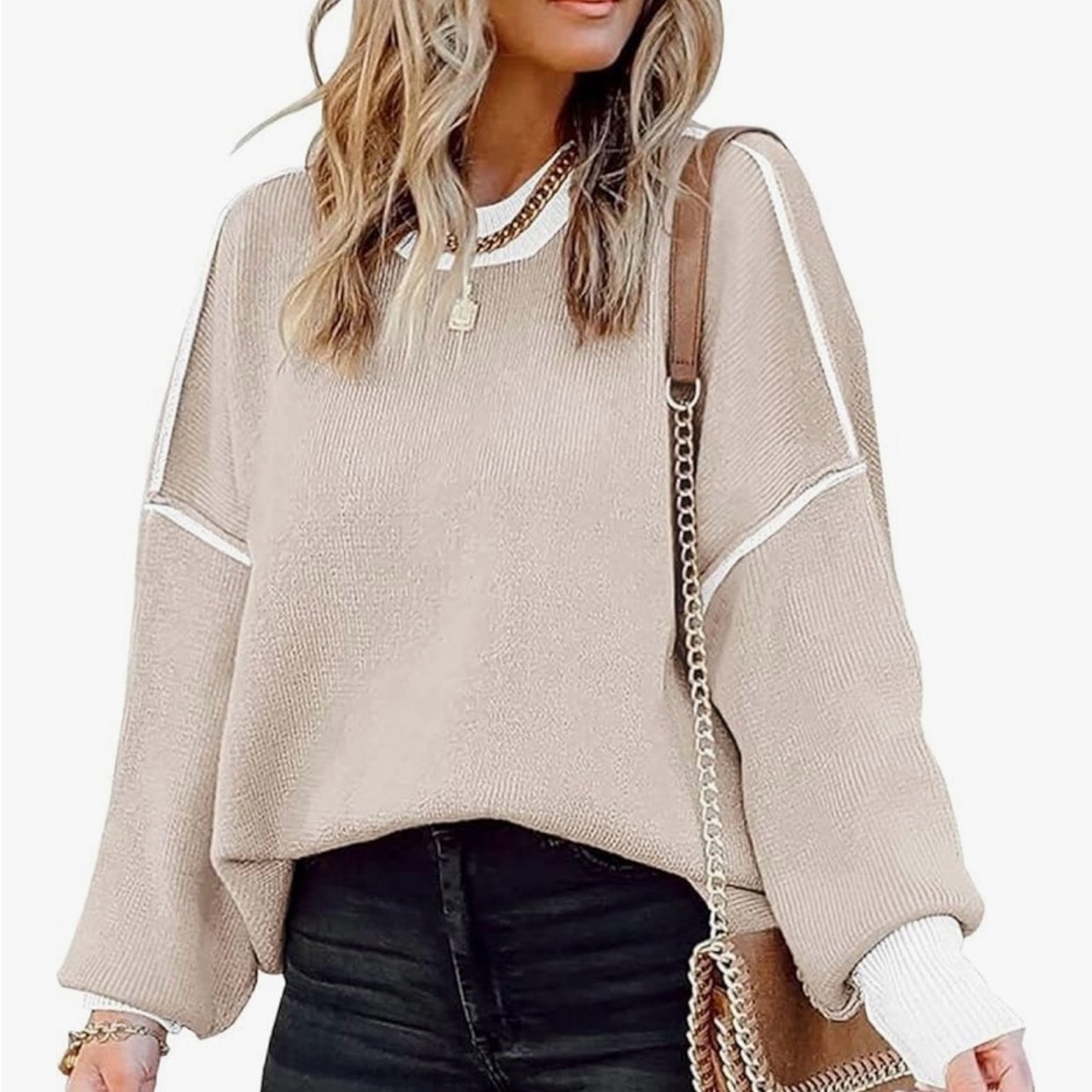Amazon Women's Crew Neck Sweater - Beige and White